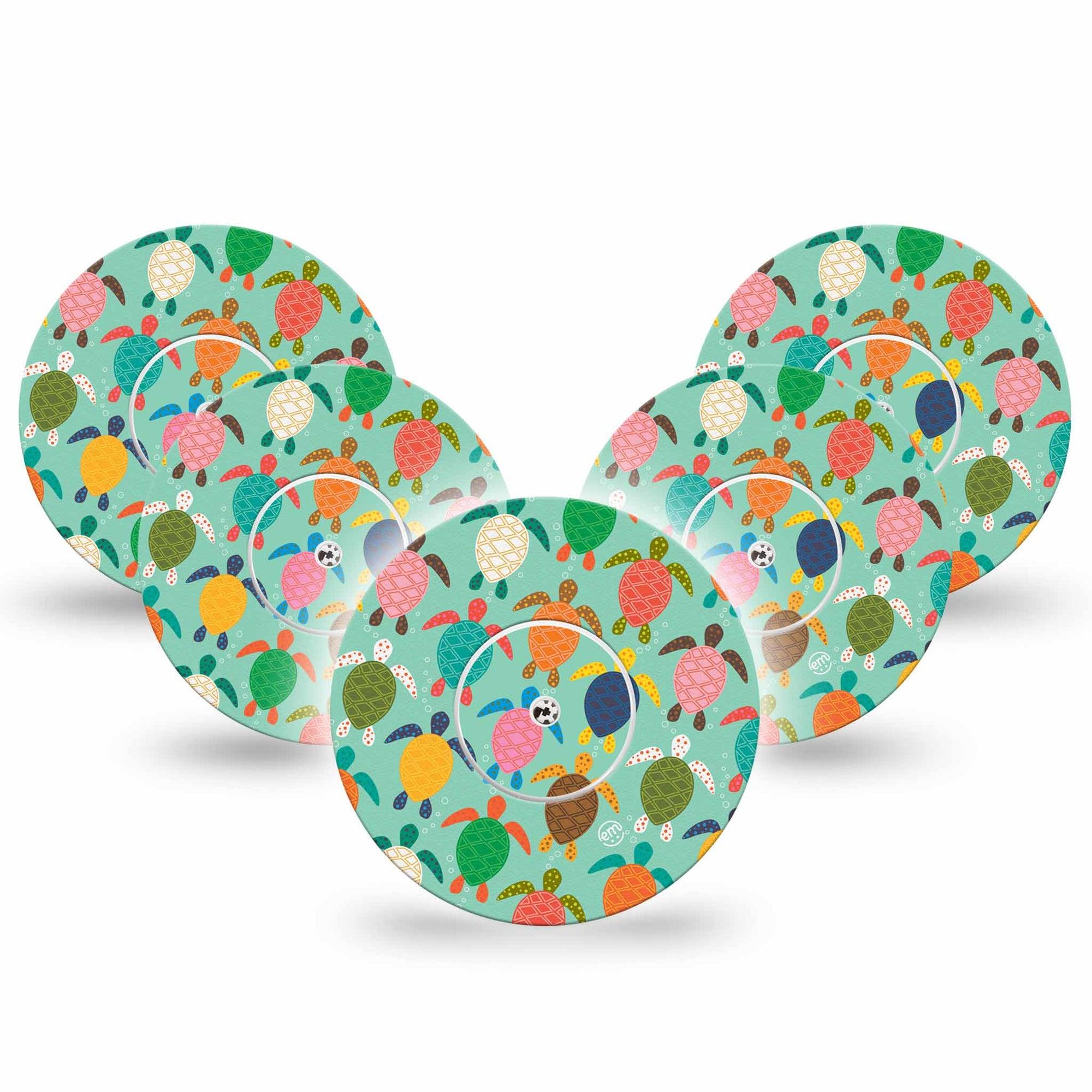 ExpressionMed Sea Turtles Freestyle Libre and Libre 2 Plus Tape, Abbott Lingo, 5-Pack Tape + 5-Pack Sticker Colorful Turtle Shells Themed, Fixing Ring Tape Continuous Glucose Monitor Design