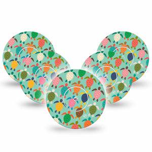 ExpressionMed Sea Turtles Freestyle Libre and Libre 2 Plus Tape, Abbott Lingo, 5-Pack Tape + 5-Pack Sticker Colorful Turtle Shells Themed, Fixing Ring Tape Continuous Glucose Monitor Design