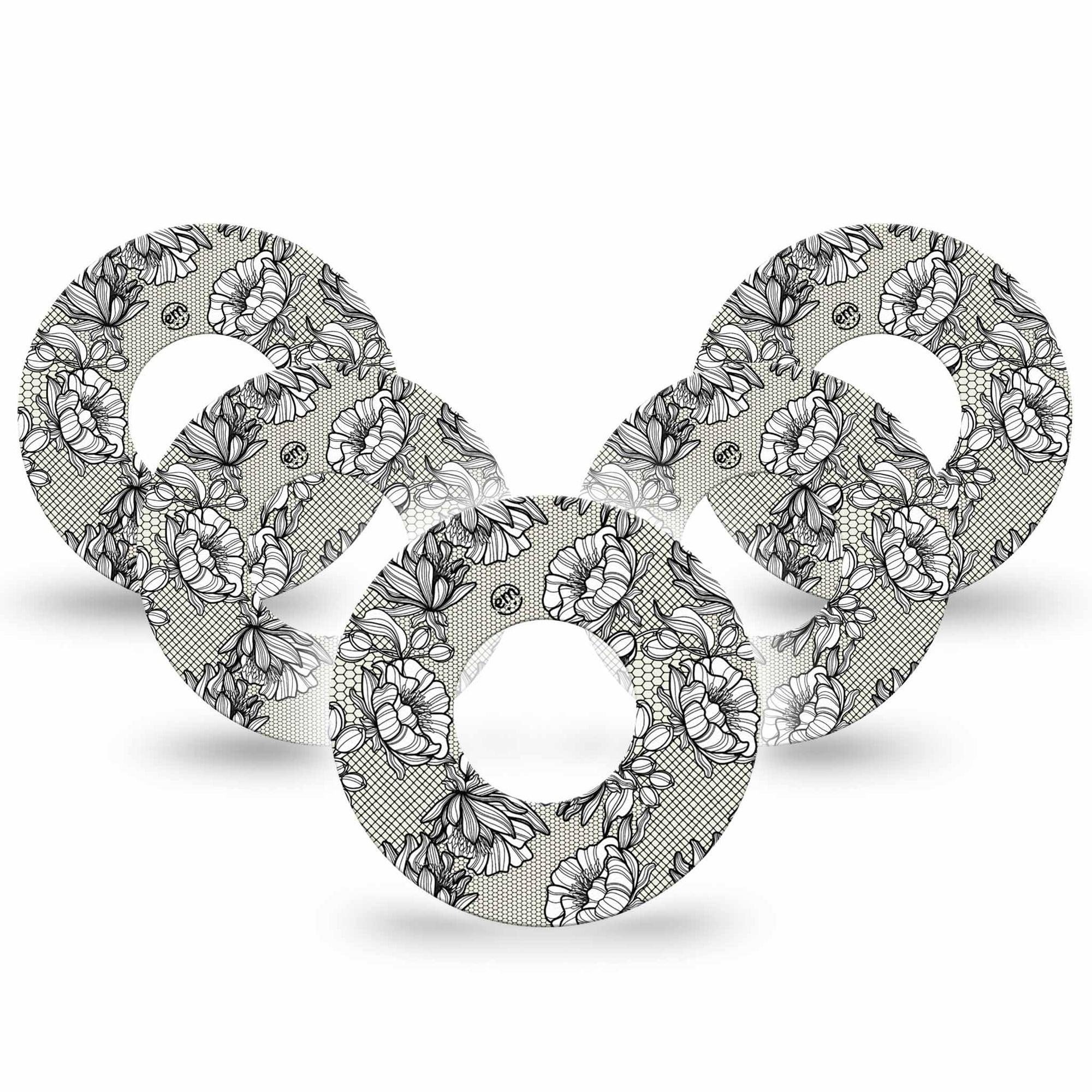 Black Lace Libre 2 Oerfect Fit Patch, 5-pack, floral lace themed cgm adhesive tape design, Abbott Lingo