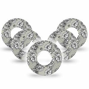 Black Lace Libre 2 Oerfect Fit Patch, 5-pack, floral lace themed cgm adhesive tape design, Abbott Lingo