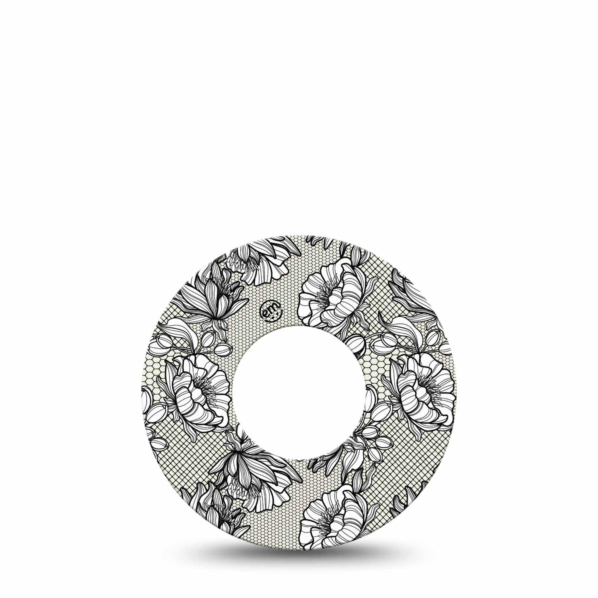Black Lace Libre 2 Perfect Fit Patch, single, floral lace themed cgm adhesive tape design, Abbott Lingo