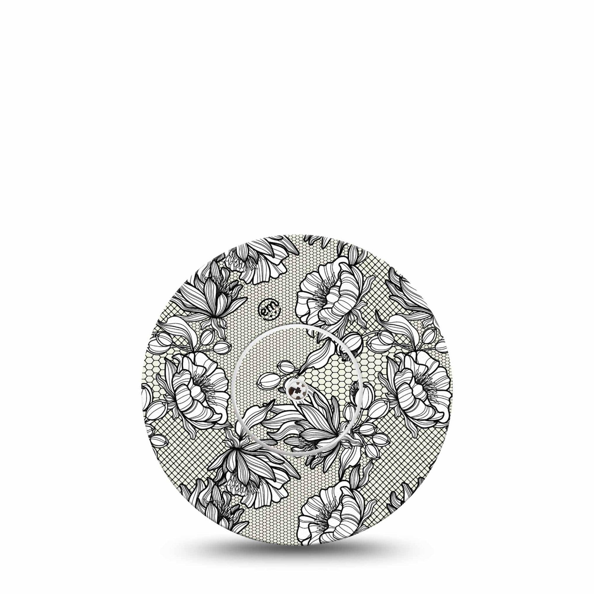 Black Lace Libre 2 Perfect Fit Patch, single sticker and tape, floral lace themed cgm adhesive tape design, Abbott Lingo