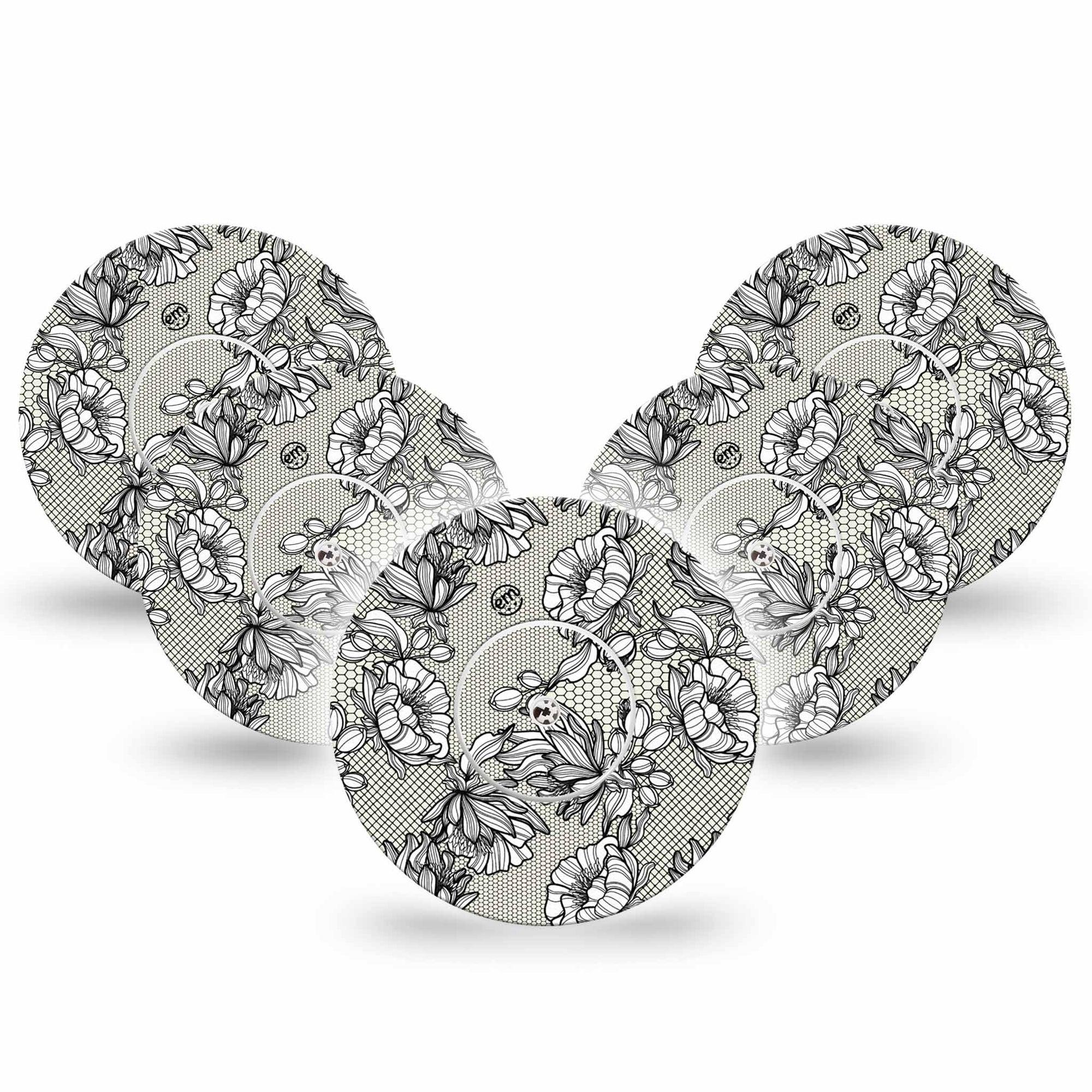 Black Lace Libre 2 Oerfect Fit Patch, 5-pack sticker and tape, floral lace themed cgm adhesive tape design, Abbott Lingo