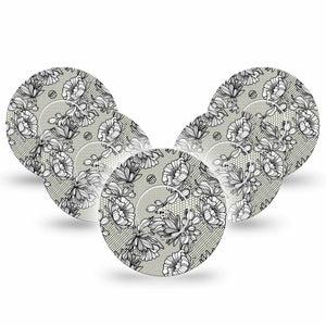 Black Lace Libre 2 Oerfect Fit Patch, 5-pack sticker and tape, floral lace themed cgm adhesive tape design, Abbott Lingo