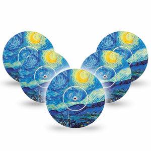 ExpressionMed Starry Nights  Freestyle Libre and Libre 2 Plus Tape, Abbott Lingo, 5-Pack Tape + 5-Pack Sticker Van Gogh Painting Inspired,  Fixing Ring Tape Continuous Glucose Monitor Design