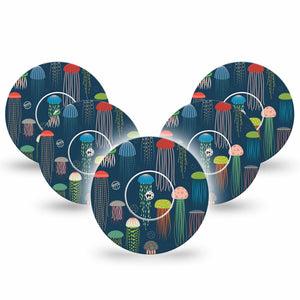 ExpressionMed Just Jellies Libre 2 Tape, 5-Pack, Colorful Sea Creatures Themed, CGM Patch Design, Abbott Lingo with center stickers