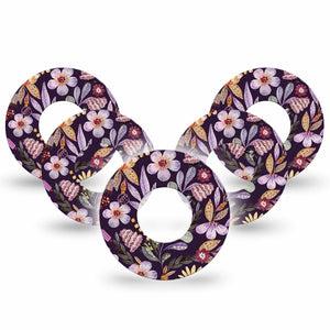 ExpressionMed Moody Blooms Libre 2 Perfect Fit Adhesive Tape, 5-Pack , Purple Floral Design, Waterproof CGM Adhesive Patch, Fixing ring, Abbott Lingo