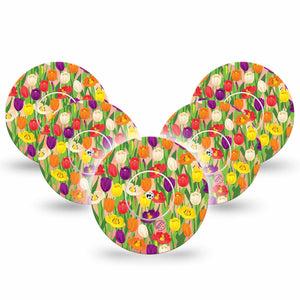 Tulips Libre Tape, 5-Pack, Floral Garden Inspired, CGM Plaster Patch Design, Abbott Lingo with Center Stickers