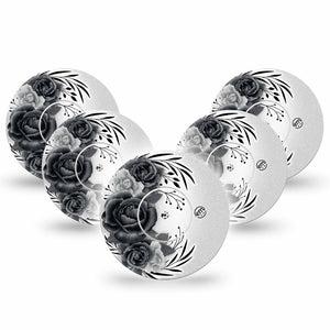 ExpressionMed Tattoo Rose Freestyle Libre and Libre 2 Plus Tape, Abbott Lingo, 5-Pack Tape and 5-Pack Sticker Classic Black and White Tattoo Roses Fixing Ring Tape Continuous Glucose Monitor Design