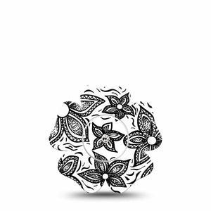 ExpressionMed Black Tie Floral Freestyle Libre 2 Flower Single Tape and Sticker, Black and White Floral, CGM Adhesive Tape Design, Abbott Lingo