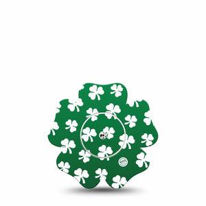 ExpressionMed Shamrock Freestyle Libre 2 and Libre 2 Plus Flower Shape Tape, Abbott Lingo, Single Tape and Single Sticker White Shamrocks over Green Background, Plaster CGM Design