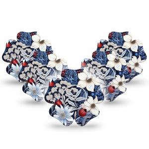 ExpressionMed Winter Floral Freestyle Libre 2 Flower, 5-Pack Tape and 5-Pack Sticker, Blue & White Florals, Continuous Glucose Monitor, Fixing Ring Patch Design, Abbott Lingo