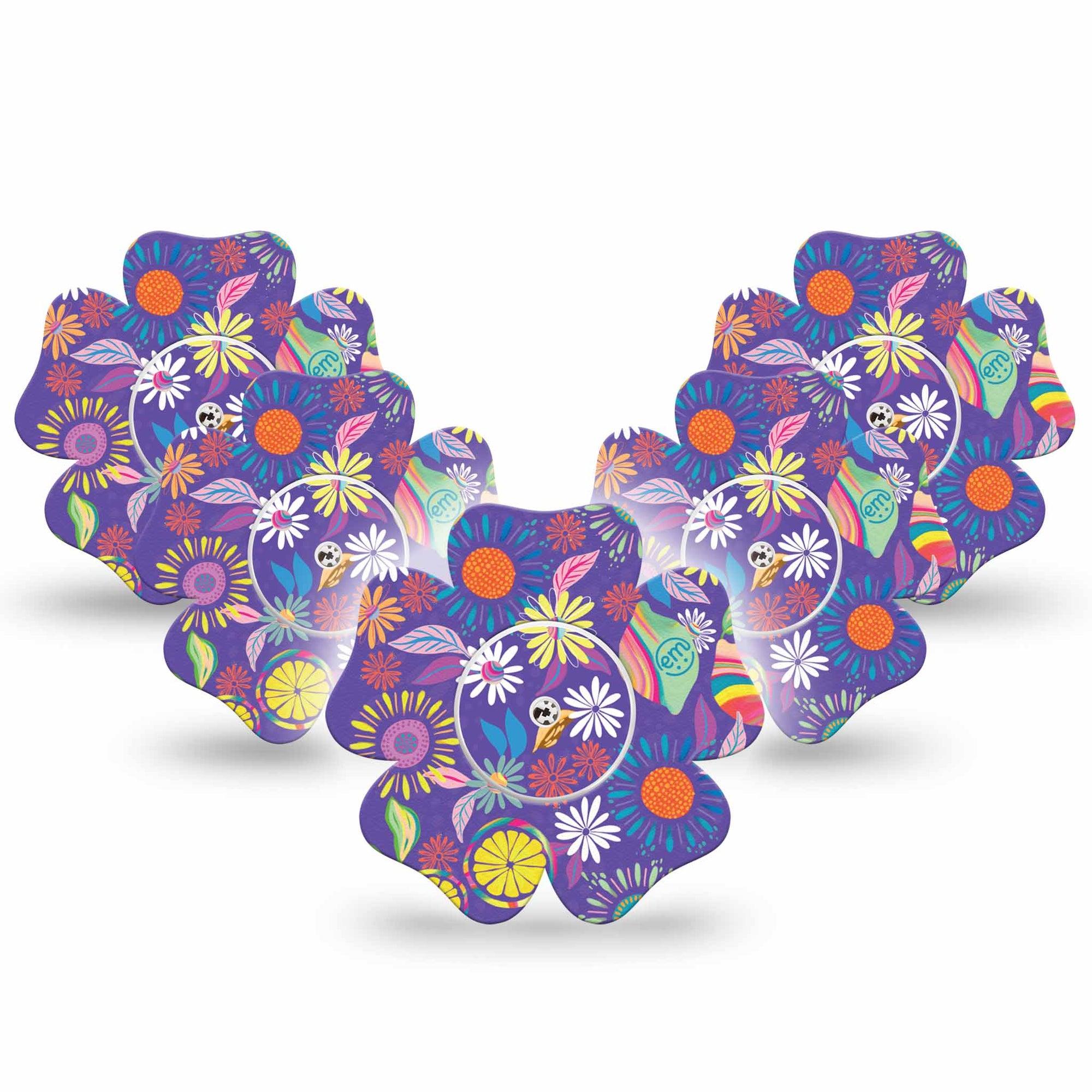 ExpressionMed Purple Flower Freestyle Libre 2 Flower Shape 5-Pack Blossom Motif Adhesive Tape CGM Design, Abbott Lingo with center stickers