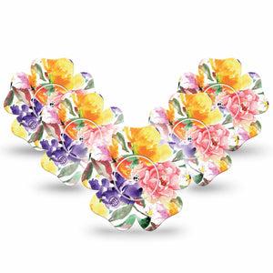 ExpressionMed Floral Art Freestyle Libre 2 Flower Shape 5-Pack Blossom Motif Adhesive Tape CGM Design, Abbott Lingo with center stickers