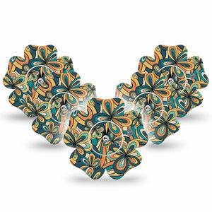 ExpressionMed 70s Vintage Freestyle Libre 2 Flower Shape Tape, Abbott Lingo, 5-Pack Groovy Fashion Fixing Ring Tape CGM Design with center stickers