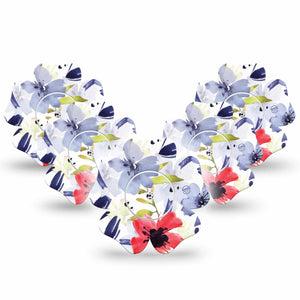 ExpressionMed Red White & Blue Flowers Freestyle Libre 2 Flower Shape Tape, Abbott Lingo, 5-Pack July Bouquets Fixing Ring Tape CGM Design with center stickers