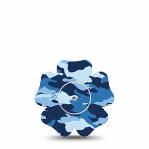ExpressionMed Blue Camo Freestyle Libre 2 and Libre 2 Plus Flower Shape Tape, Abbott Lingo, Single Tape and Single Sticker Camouflage Pattern Plaster CGM Design