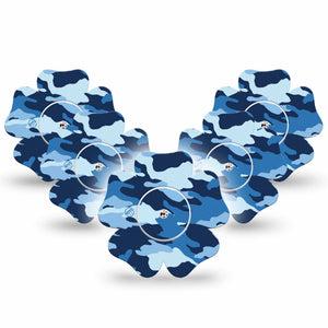 ExpressionMed Blue Camo Freestyle Libre 2 and Libre 2 Plus Flower Shape Tape, Abbott Lingo, 5-Pack Tape and 5-Pack Sticker Camo Print Plaster CGM Design