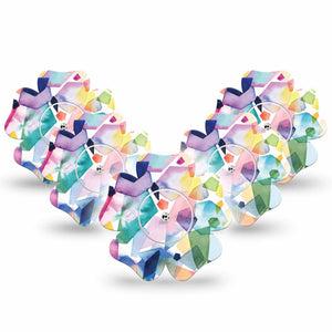ExpressionMed Kaleidoscope Freestyle Libre 2 Flower Shape 5-Pack Tapes and 5-Pack Stickers Rainbow Patterns Adhesive Tape CGM Design, Abbott Lingo