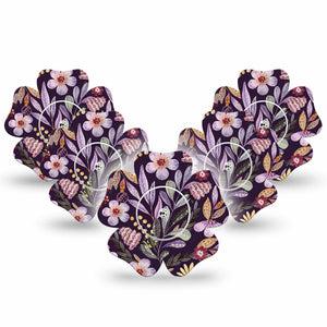 ExpressionMed Moody Blooms Freestyle Libre 2 Flower Shape Tape, Abbott Lingo, 5-Pack Tape and 5-Pack Sticker Muted Colored Florals over Dark backdrop  CGM Design