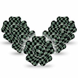 ExpressionMed Green & Black Checkerboard Freestyle Libre 2 Flower Shape Tape, Abbott Lingo,  5-Pack Tape and 5-Pack Sticker Checkered Style Fixing Ring Tape CGM Design