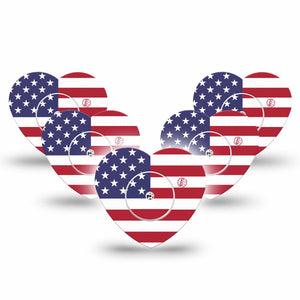 ExpressionMed U.S. Flag Freestyle Libre 2 and Libre 2 Plus Heart Shape Tape, Abbott Lingo,  5-Pack Tape and  5-Pack Sticker Freedom Banner, Adhesive Patch CGM Design