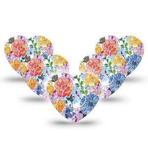 ExpressionMed Stylised Floral Freestyle Libre 2 Heart Shape 5-Pack Tape and 5-Pack Sticker Floral Charm Overlay Patch CGM Design, Abbott Lingo