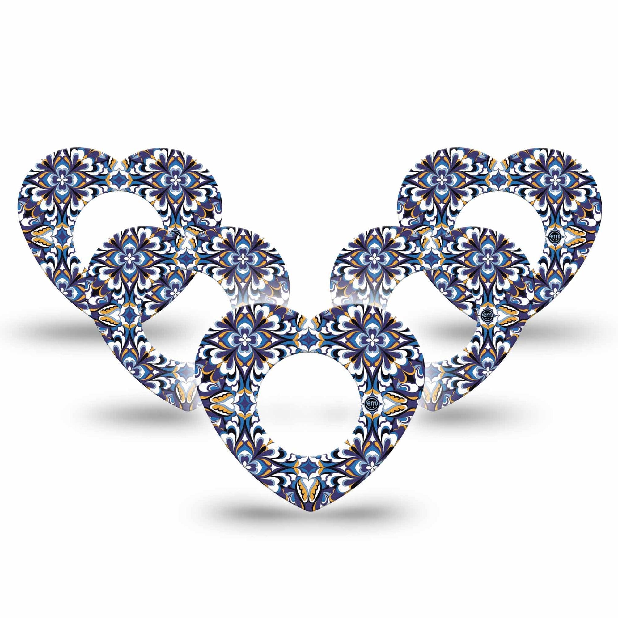 ExpressionMed Moroccan Tile Freestyle Libre 2 and Libre 2 Plus Heart Shape Tape, Abbott Lingo, 5-Pack Tape Ceramic Pattern, Adhesive Patch CGM Design