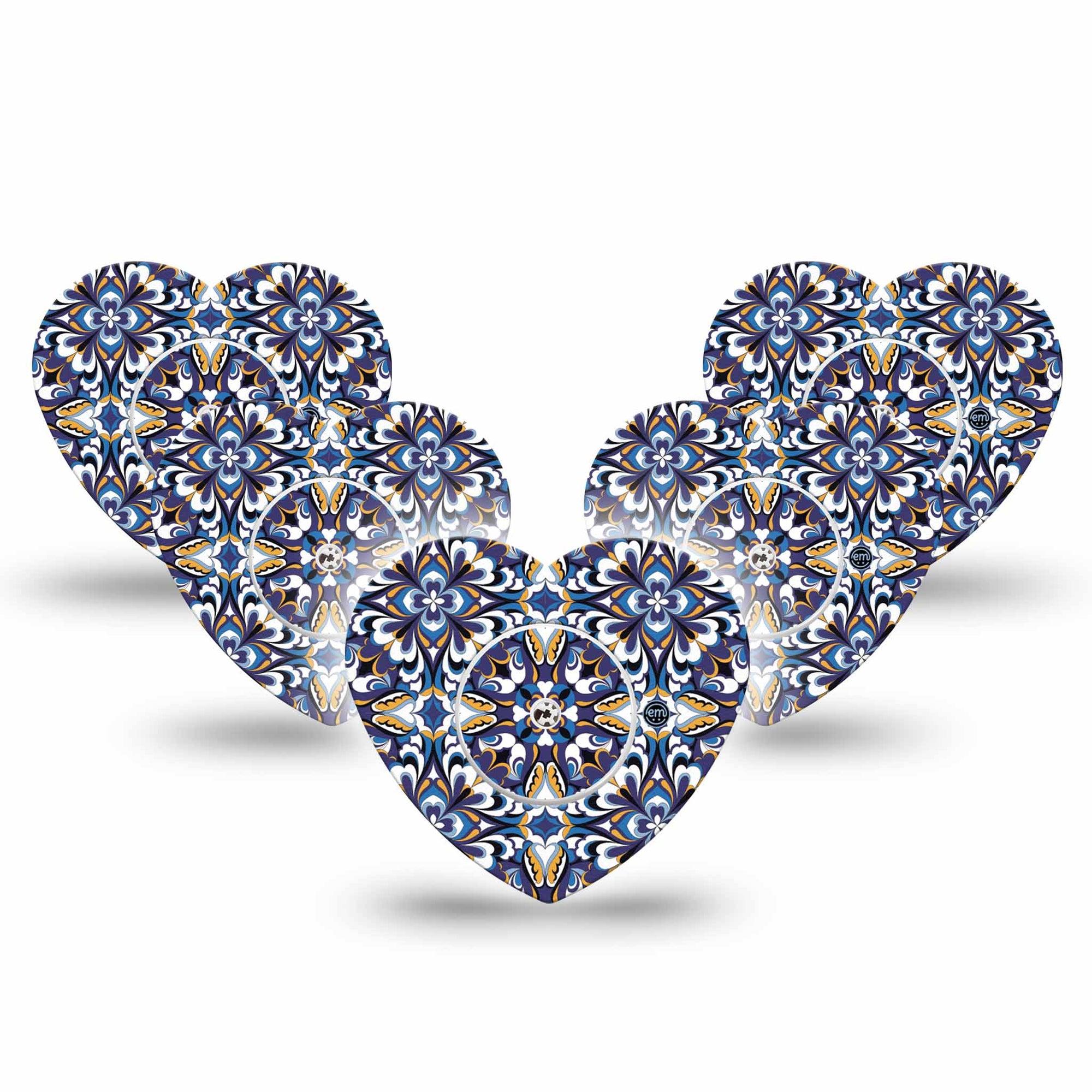 ExpressionMed Moroccan Tile Freestyle Libre 2 and Libre 2 Plus Heart Shape Tape, Abbott Lingo,  5-Pack Tape and 5-Pack Sticker Patterned Floor, Adhesive Patch CGM Design