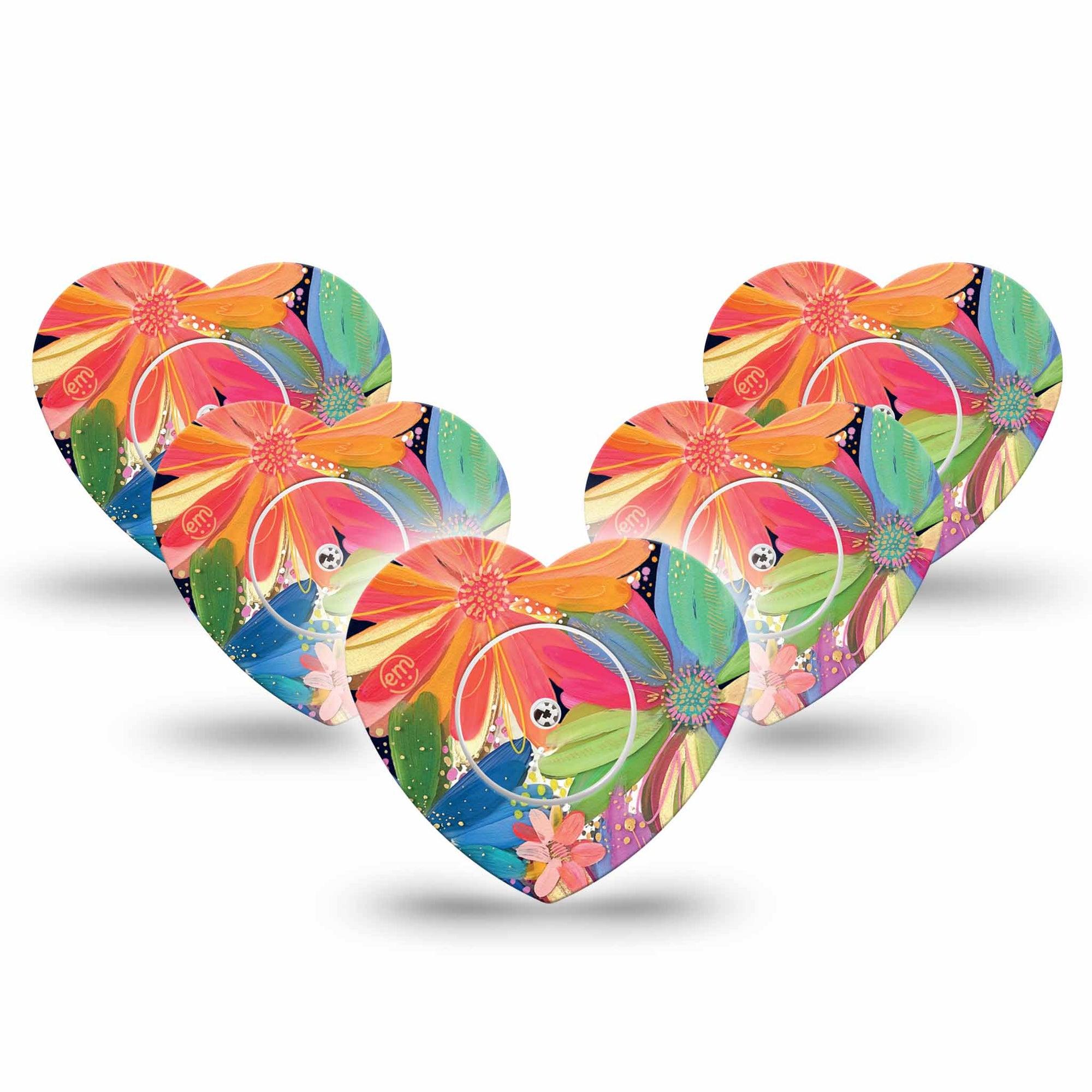 ExpressionMed Flower Song Freestyle Libre 2 Heart Shape 5-Pack Painted Daisies by Etta Vee Overlay Patch CGM Design, Abbott Lingo with center stickers