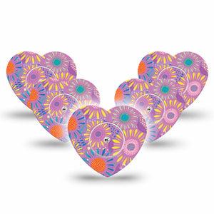 ExpressionMed Giant Daisies Freestyle Libre 2 Heart Shape 5-Pack Etta Vee Floral Artwork Overlay Patch CGM Design, Abbott Lingo with center stickers