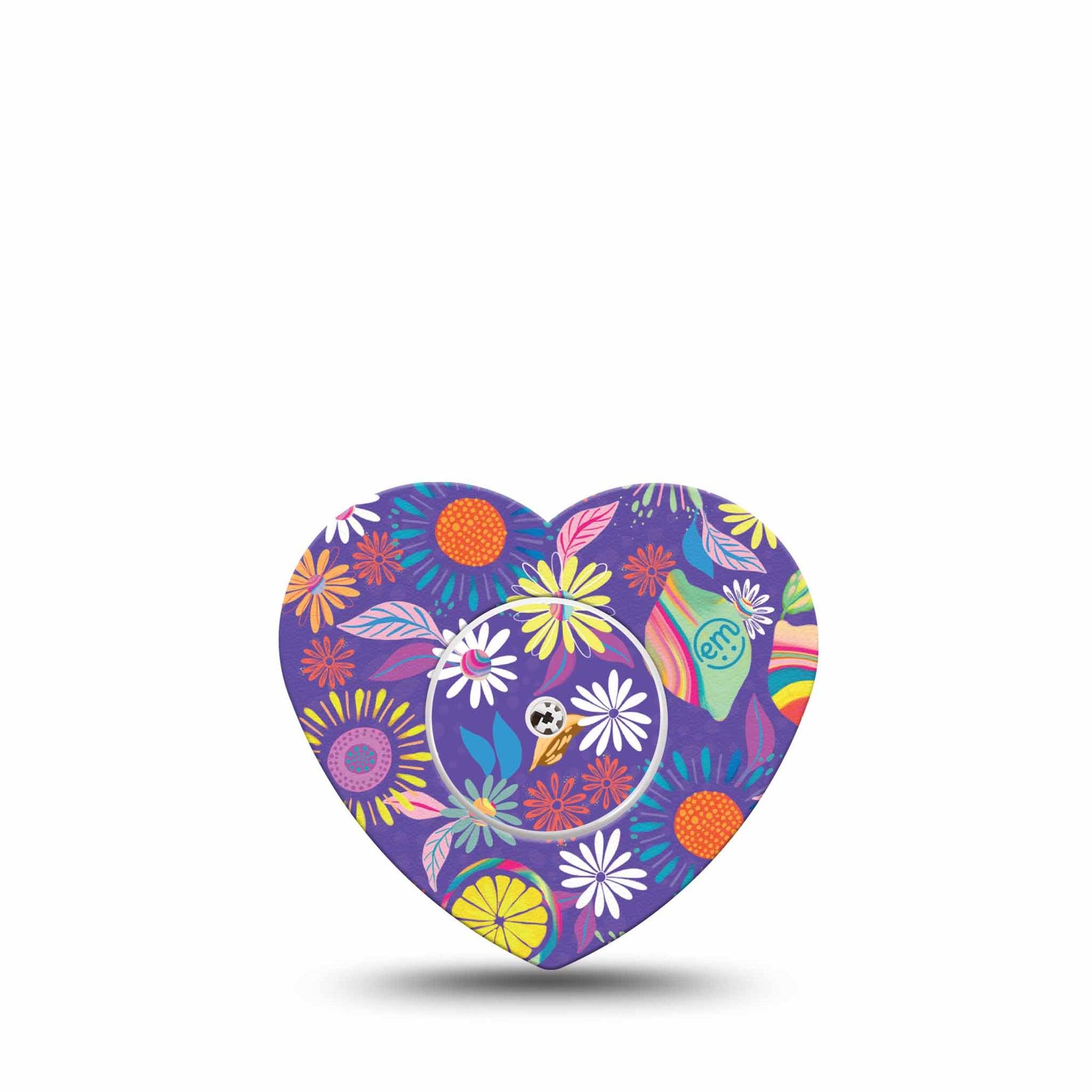 ExpressionMed Purple Flowers Freestyle Libre 2 Heart Shape Single Digital Art by Etta Vee Overlay Patch CGM Design, Abbott Lingo with center sticker