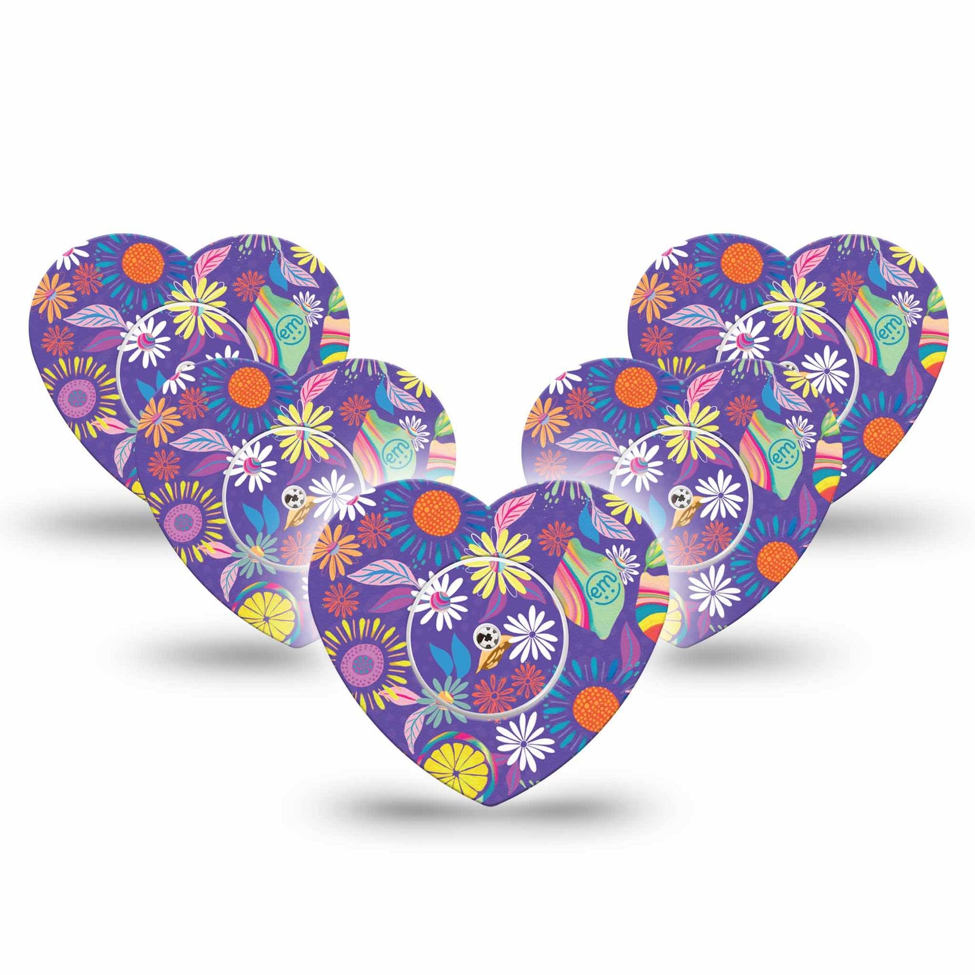 ExpressionMed Purple Flower Freestyle Libre 2 Heart Shape 5-Pack  Overlay Patch CGM Design, Abbott Lingo with center stickers