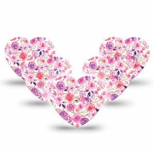 ExpressionMed Romantic Blooms Freestyle Libre 2 Heart Shape Tape 5-Pack Tape and 5-Pack Sticker Garden-inspired Overlay Patch CGM Design, Abbott Lingo