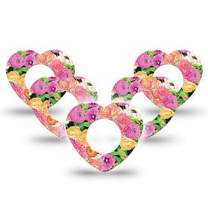 ExpressionMed Hand Painted Flowers Freestyle Libre 2 Heart Shape Tape, Abbott Lingo, 5-Pack Pink orange flower bouquet Overlay Patch CGM Design