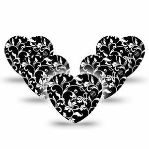 ExpressionMed Fleur de lis Freestyle Libre 2, Abbott Lingo, Heart Shape Tape 5-Pack Tape and 5-Pack Sticker Noir vine Overlay Patch CGM Design