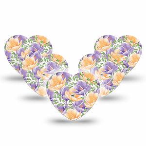 ExpressionMed Crocus Flowers Freestyle Libre 2 Heart Shape 5-Pack Overlay Patch CGM Design, Abbott Lingo with center stickers