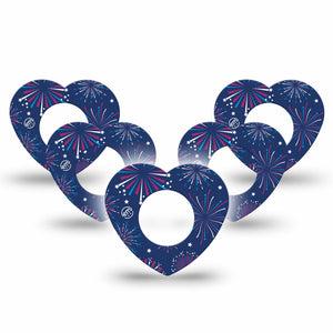 ExpressionMed Night Sky Celebration Freestyle Libre 2 Heart Shape Tape, Abbott Lingo, 5-Pack Sparkling Fireworks over Blue Backdrop Overlay Patch CGM Design