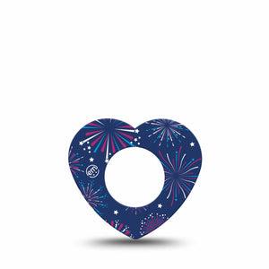 ExpressionMed Night Sky Celebration Freestyle Libre 2 Heart Shape Tape, Abbott Lingo, Single Fireworks against Blue Background Adhesive Patch CGM Design