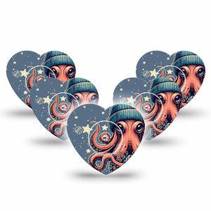 ExpressionMed Hipster Octopus Freestyle Libre 2 Heart Shape Tape, Abbott Lingo,  5-Pack Tape and 5-Pack Sticker Stylish Hat Sea Creature Adhesive Patch CGM Design