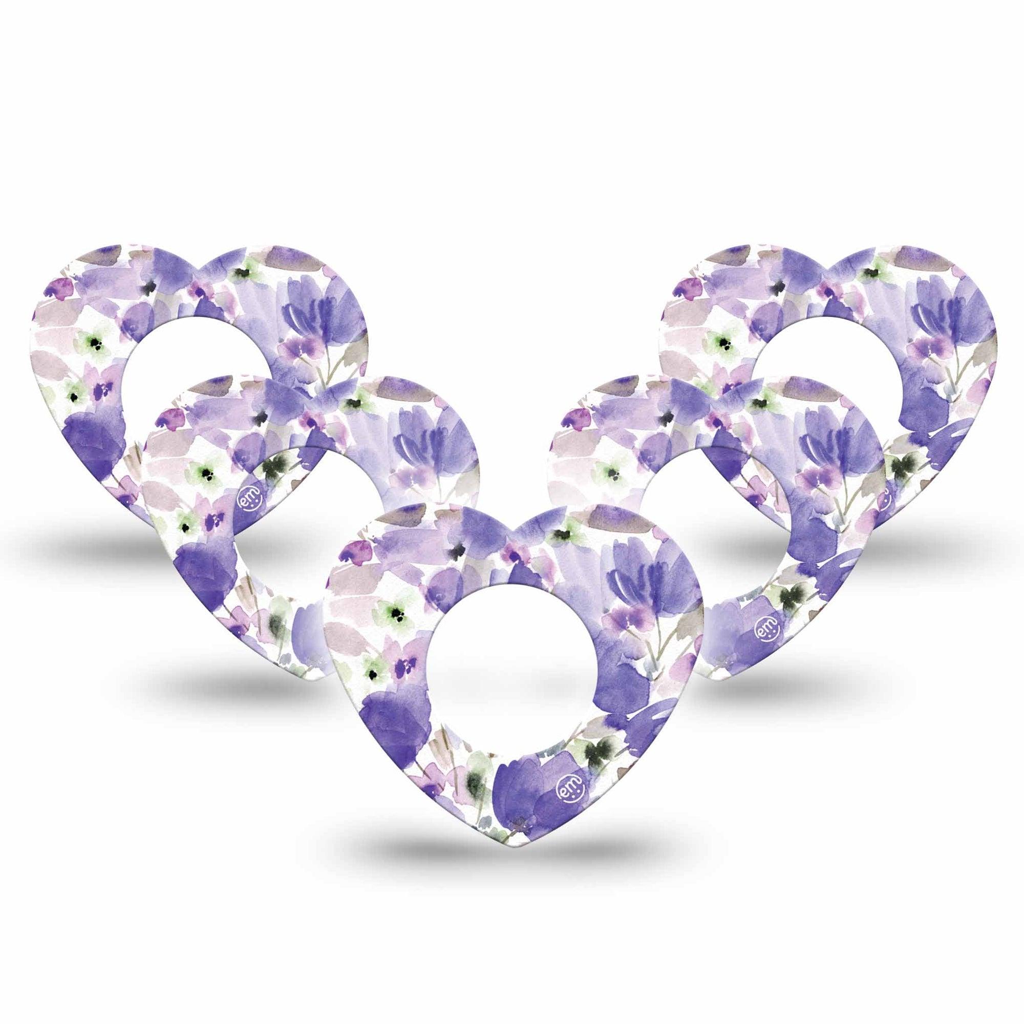ExpressionMed Italian Blooms Freestyle Libre 2 Heart Shape Tape, Abbott Lingo, 5-Pack Soft Painted Bright Purple Flowers Adhesive Patch CGM Design