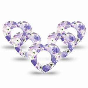 ExpressionMed Italian Blooms Freestyle Libre 2 Heart Shape Tape, Abbott Lingo, 5-Pack Soft Painted Bright Purple Flowers Adhesive Patch CGM Design