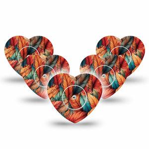 ExpressionMed Fall Leaf Feathers Freestyle Libre 2 Heart Shape Tape, Abbott Lingo,  5-Pack Tape and 5-Pack Sticker Orange Green Feather Mix Adhesive Patch CGM Design