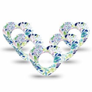 ExpressionMed Subdued Tropics Freestyle Libre 2 Heart Shape Tape, Abbott Lingo,  5-Pack Watercolor Painted Blue Florals Adhesive Patch CGM Design