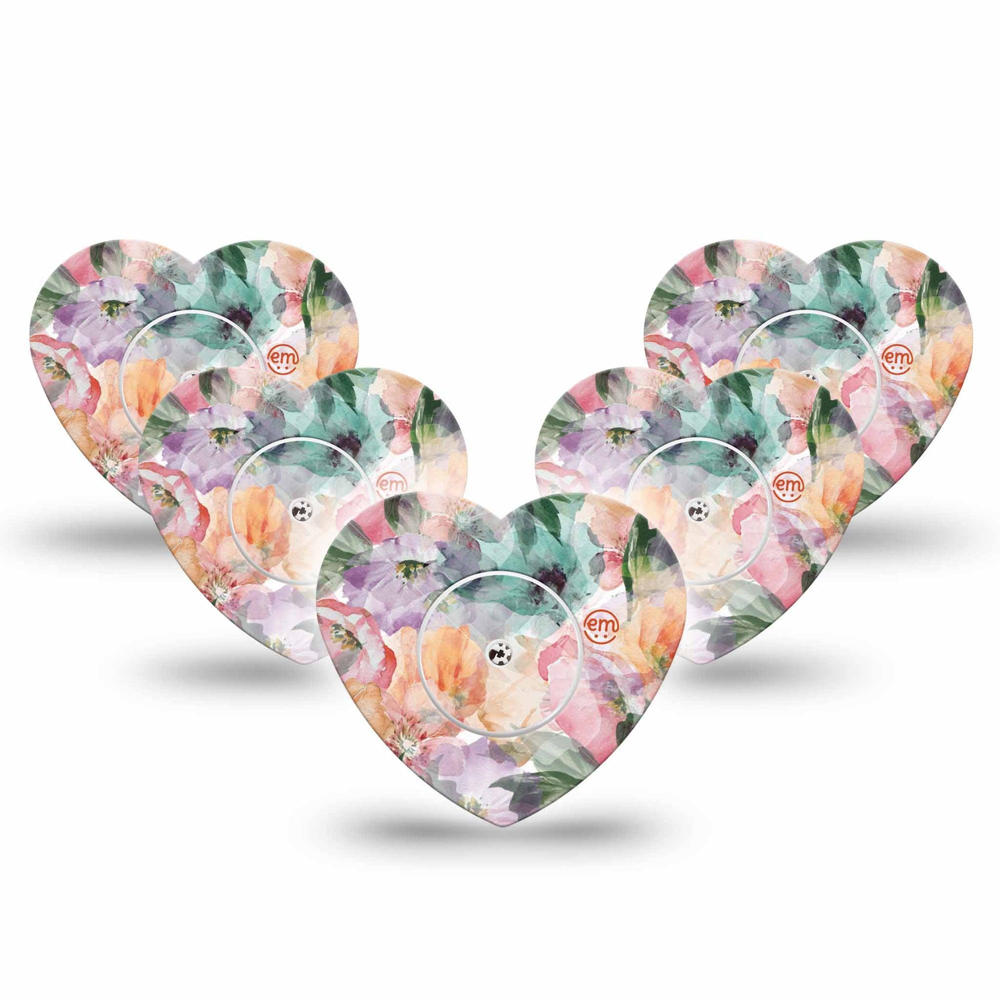 ExpressionMed Flower Clouds Freestyle Libre 3 Heart Shape Tape 5-Pack Tape and 5-Pack Sticker Soft-Colored Petals, Patch CGM Design