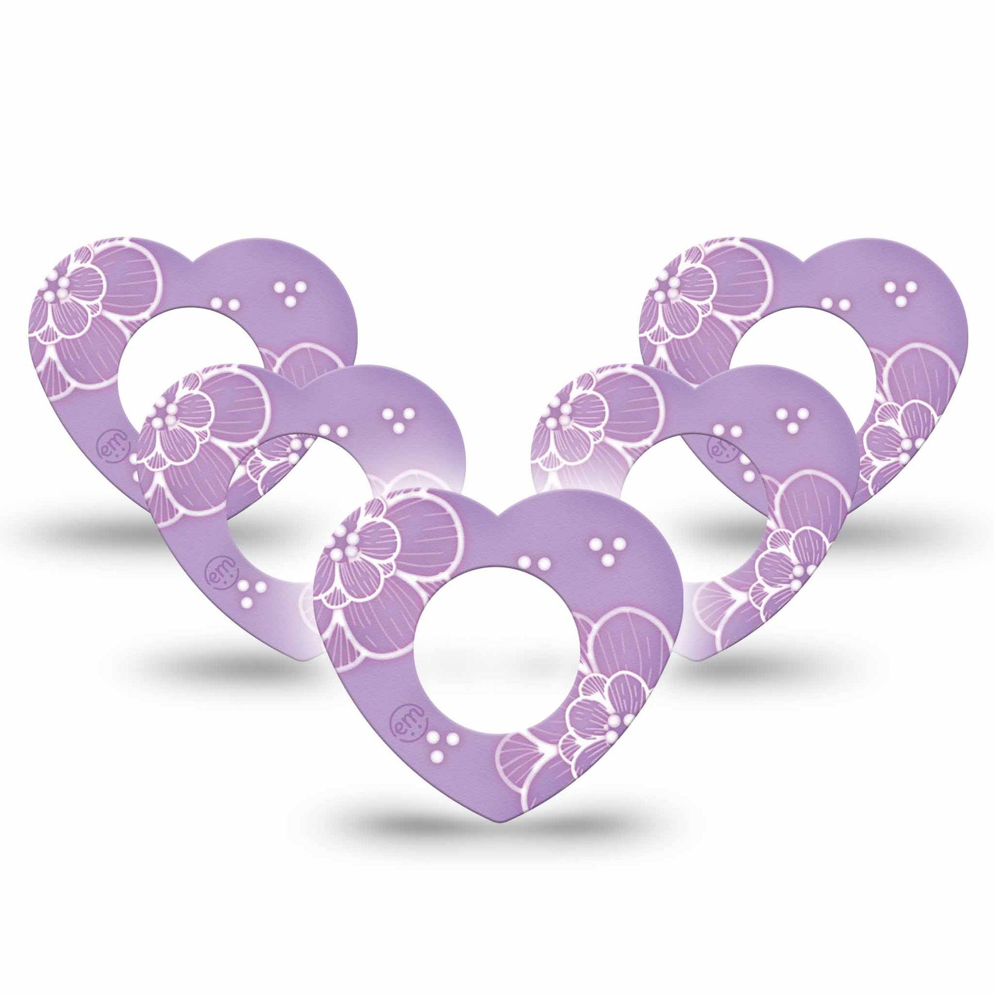 ExpressionMed Purple Flowers Freestyle Libre 2 Heart Shape Tape, Abbott Lingo,  5-Pack Tape Adorable Lilac Petals, Adhesive Patch CGM Design