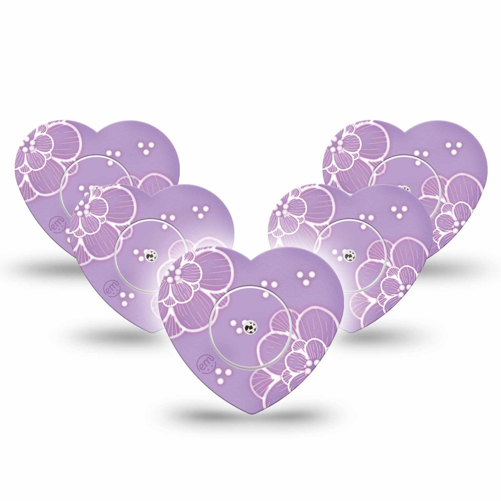 ExpressionMed Purple Flowers Freestyle Libre 2 Heart Shape Tape, Abbott Lingo, 5-Pack Tape and 5-Pack Sticker Lacey Purple Flowers, Adhesive Patch CGM Design