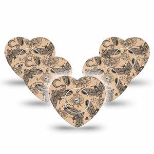 ExpressionMed Tattoo Print Freestyle Libre 2 Heart Shape Tape, Abbott Lingo, 5-Pack Tape and 5-Pack Sticker Butterfly Moth Motif, Adhesive Patch CGM Design
