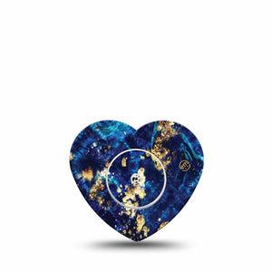 ExpressionMed Molten Midnight Freestyle Libre 2 Heart Shape Tape, Abbott Lingo, Single Tape and Single Sticker Deep Blue Wavy Gold Details, Adhesive Patch CGM Design