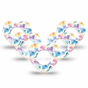 ExpressionMed Luminous Florals Freestyle Libre 2 and Libre 2 Plus Heart Shape Tape, Abbott Lingo,  5-Pack Tape Fragile Pink Purple Blue Floral, Adhesive Patch CGM Design